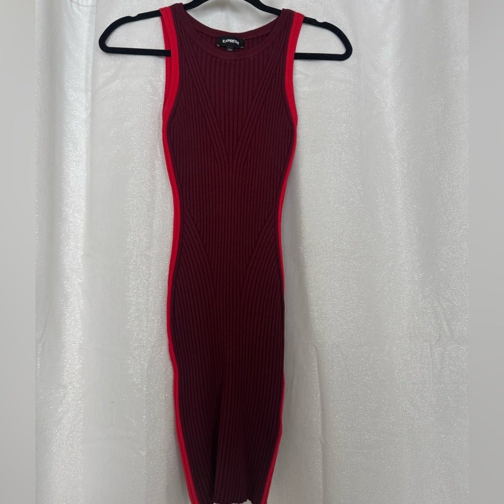 Express Sleeveless Ribbed Mini Dress in Burgundy with Red Trim